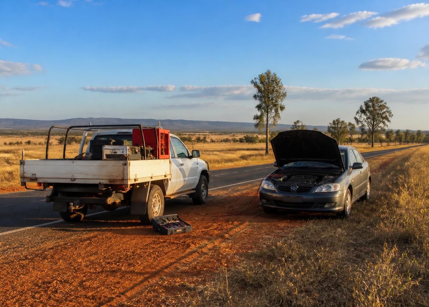 Boonah Batteries service ute on a country road near Boonah