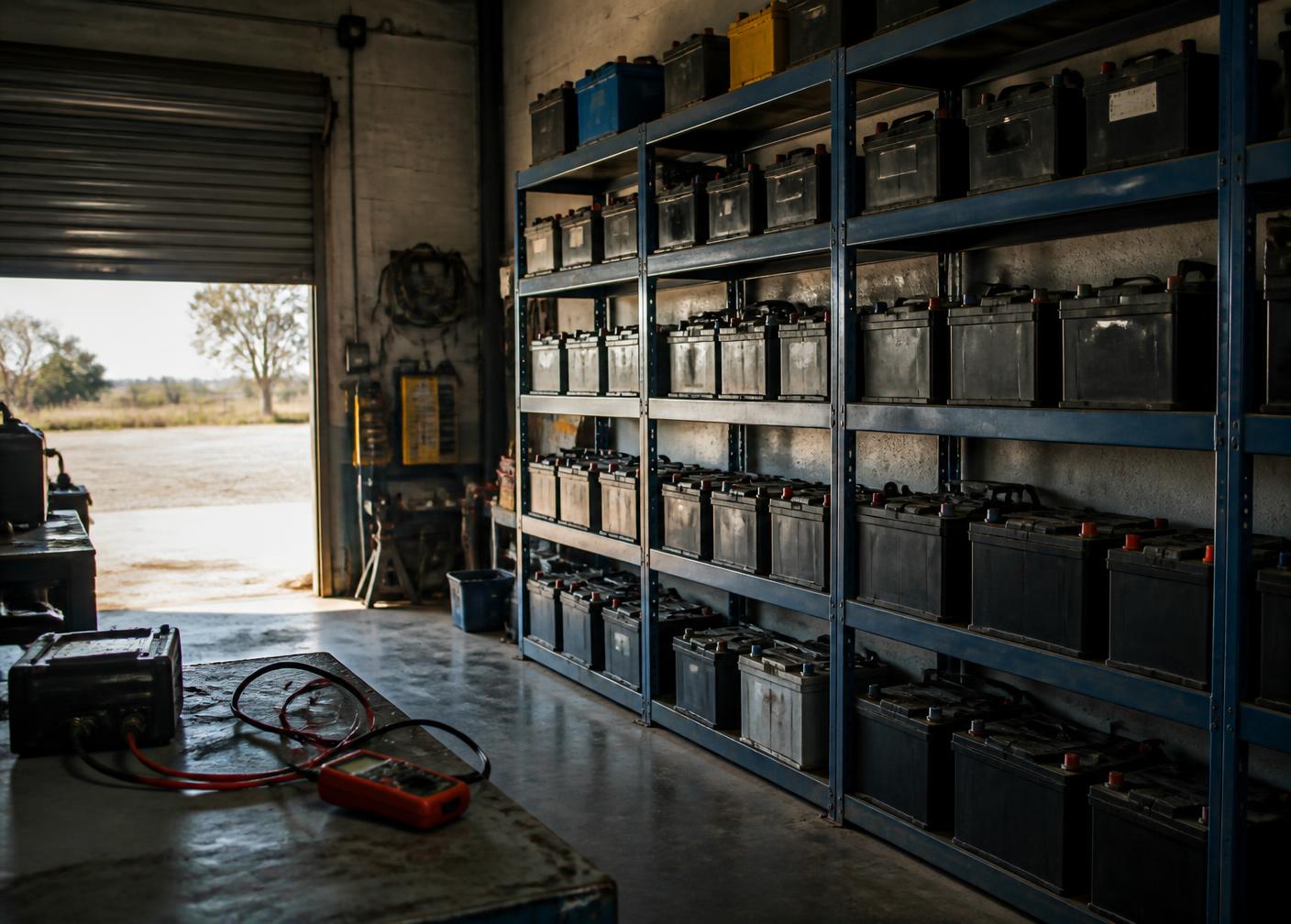 Auto electrical workbench and parts shelving inside the Boonah Batteries workshop